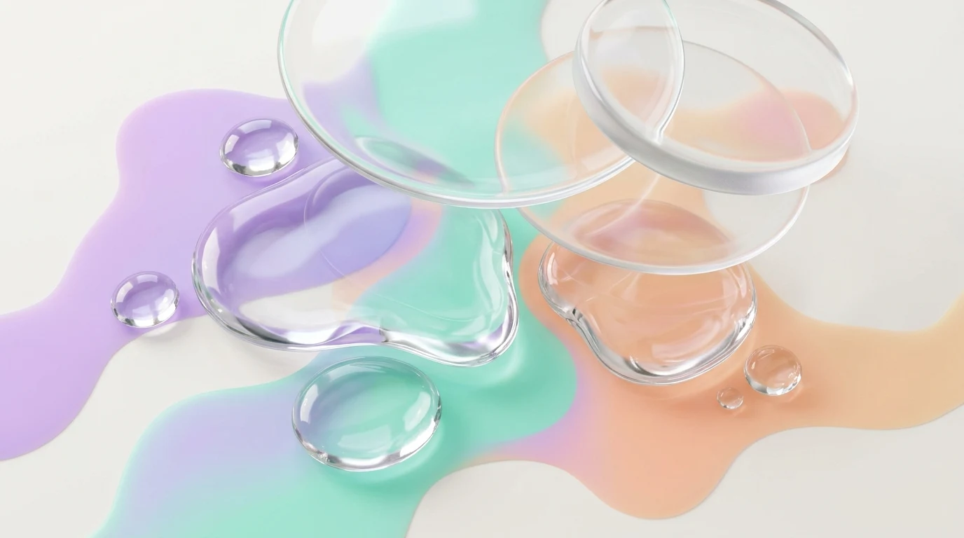 Luminous organic glass droplets warping and magnifying pastel morphing fluid shapes in mint, peach, and lavender