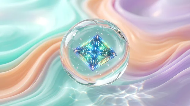Luminous quantum lattice chip encapsulated in a floating clear liquid glass droplet