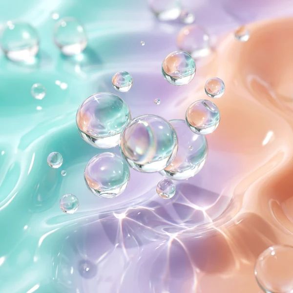 Giant organic liquid glass droplets warping and magnifying pastel morphing fluid shapes in mint, peach, and lavender